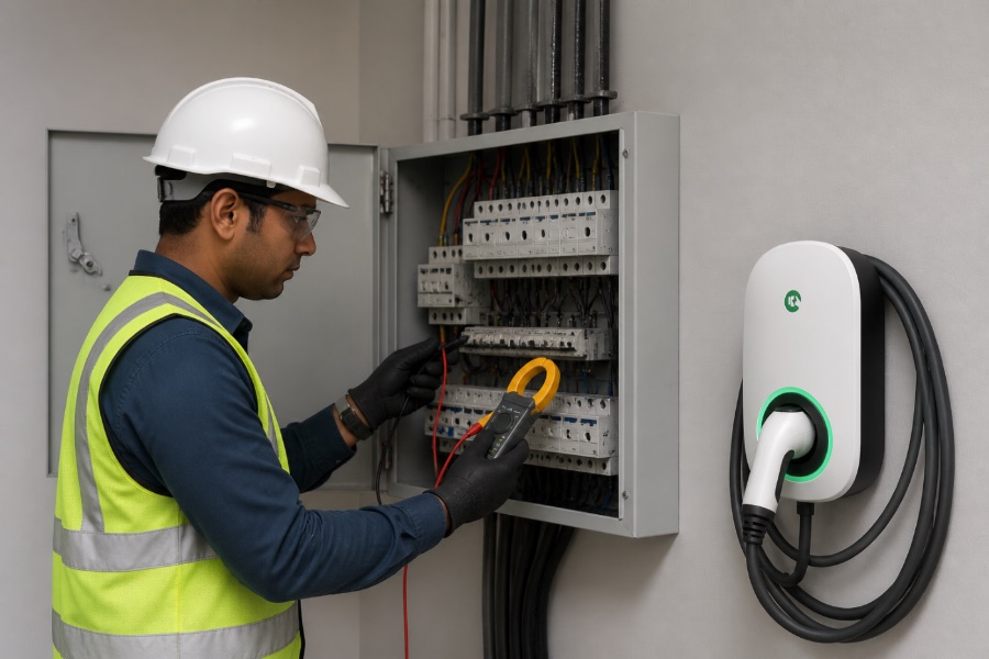 Certified electrical engineer testing a distribution board