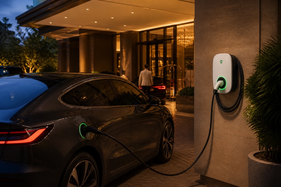 EV charging at a luxury hotel entrance at dusk