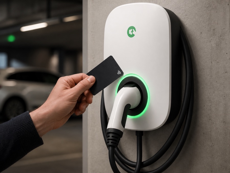Hand tapping RFID card on EV wallbox charger